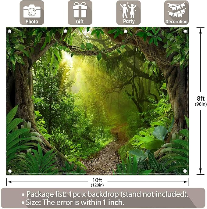 10x8ft Jungle Forest Photography Backdrop Rainforest Background | Tropical Kids Adults Party Supplies, Natural Scenery Banner, Safari Photo Booth, Polyester, Grommets, 1PC - Image 3