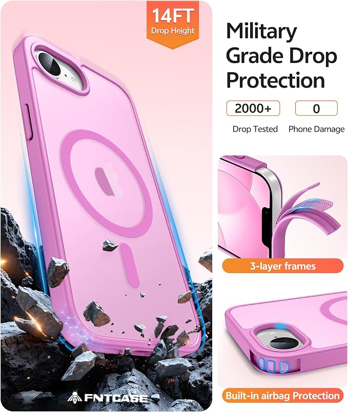 FNTCASE for iPhone 17e/ iPhone 16e Case, Fit for Magsafe, Screen Protector | Translucent Matte Magnetic Back, 14FT Military Grade Drop Protection, Shockproof Protective Phone Cover, Pink - Image 5