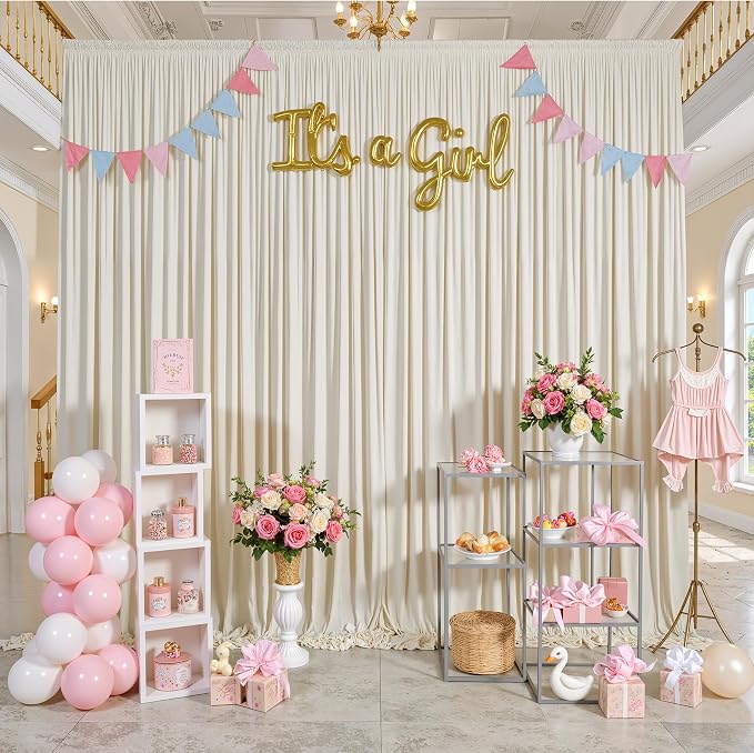 50 ft x 10 ft Wrinkle Free Beige Backdrop Curtain for Parties, 10 Panels 10ft Polyester Beige Photo Backdrop Drapes for Graduation Birthday Wedding Party Stage Curtains - Image 4