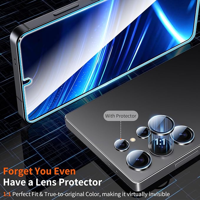 firtstnow 3 Pack for Samsung Galaxy S25 Ultra Screen Protector Tempered Glass + 1 Pack Camera Lens Protector, Military Grade Shatterproof, 9H Hardness, Fingerprint Unlock,Case Friendly 6.9 Inch - Image 6