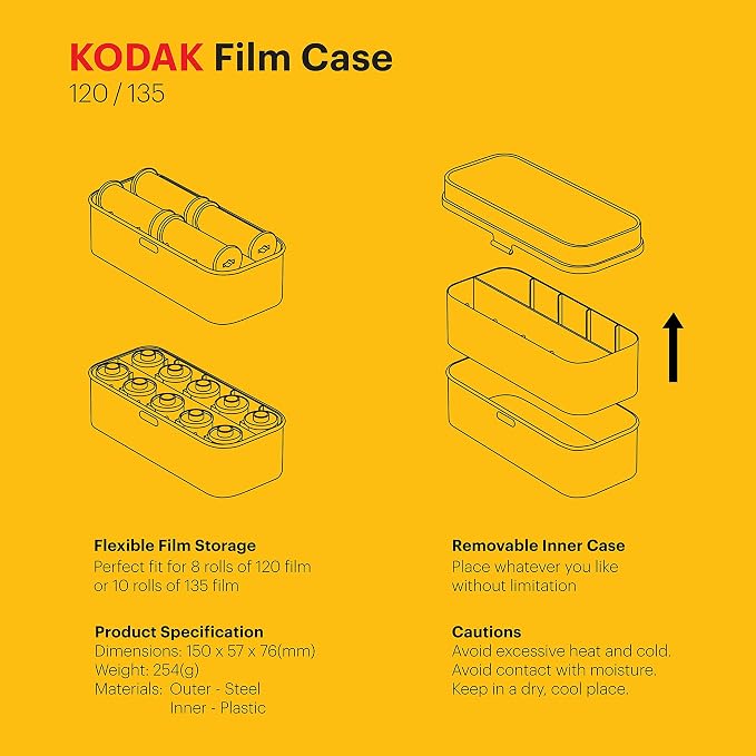 KODAK 120/135 Film Case - for 8 Rolls of 120 Films / 10 Rolls of 35mm Films - Retro Steel Case to Sort & Safeguard Film (Yellow) (Film is not Included) - Image 8