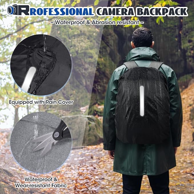 Camera Backpack Camera Bag for Photographers DSLR SLR Mirrorless Camera Cases with Waterproof Rain Cover & Laptop Compartment Fits 14 Inch Laptop,Anti Theft Travel photography backpack,Grey - Image 7