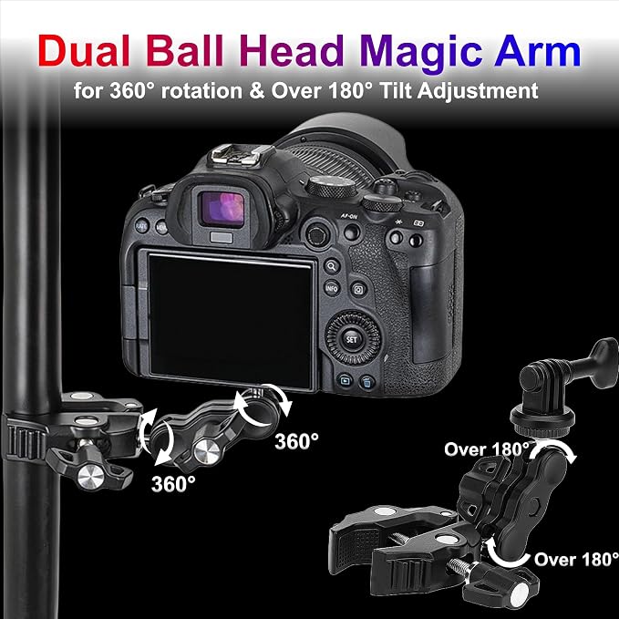 JJC DSLR Super Clamp Camera Mount,Dual Ball Head,w. 1/4"-20 3/8"-16 Thread | Aluminum Pole Mount for Monitor,with Action Camera Mount and Phone Clip,Universal Crab Clamp for Desk Tripod Tube Rod - Image 3