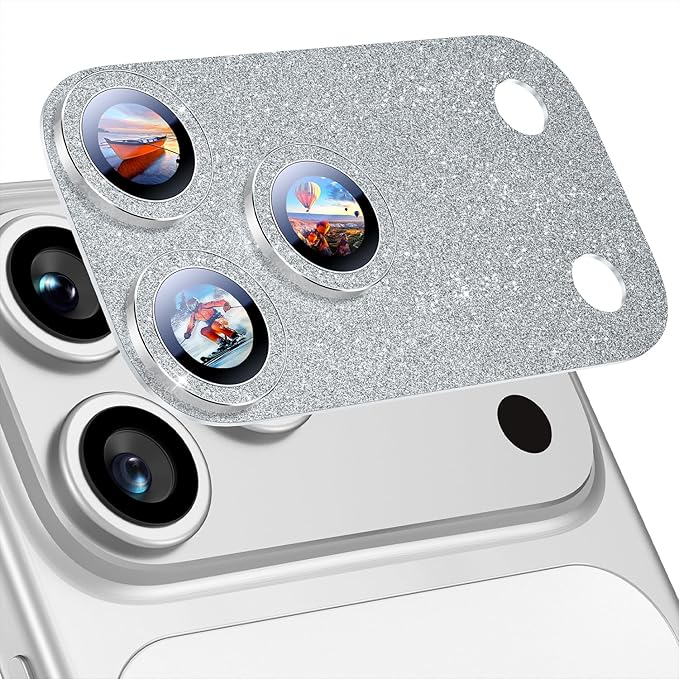 Uyiton for iPhone 17 Pro Max Camera Lens Protector, Metal Frame Glass Cover | Not Easy to Break, Strong Adsorption, Case-Friendly, Metal 9H Sapphire Glass Rear Camera Screen Cover, Glitter Silver by Uyiton