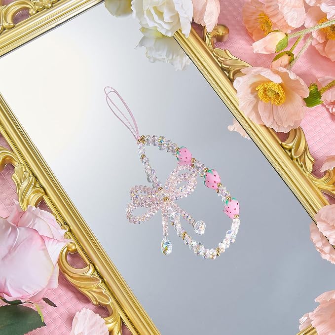 BEEFLYING Bow Beaded Phone Charm Wrist Strap for Case, Pink | Y2K Cell Phone Chain with Bowknot Strawberry, for Bag Keychain Camera Wallet - Image 3