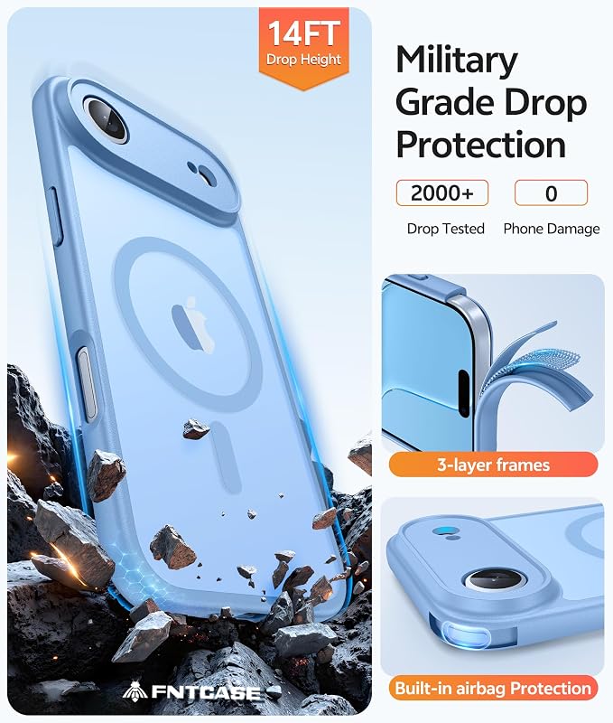 FNTCASE for iPhone Air Case, Fit for Magsafe, with Glass Screen Protector | Full Camera Protection, Translucent Matte, 14FT Military Grade Drop Proof, Shockproof Protective Phone Cover, Light Blue - Image 5