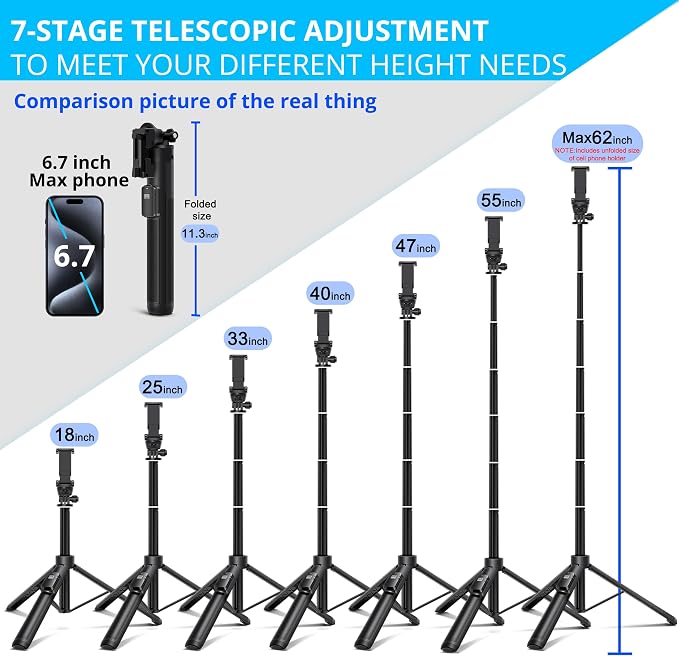 BZE 62 inches Extendable Selfie Stick Tripod with Wireless Remote & Phone Holder, Portable Aluminum Alloy 3 in 1 Stand for Group Photos, Vlogging & Travel Compatible with All Smartphones - Image 2