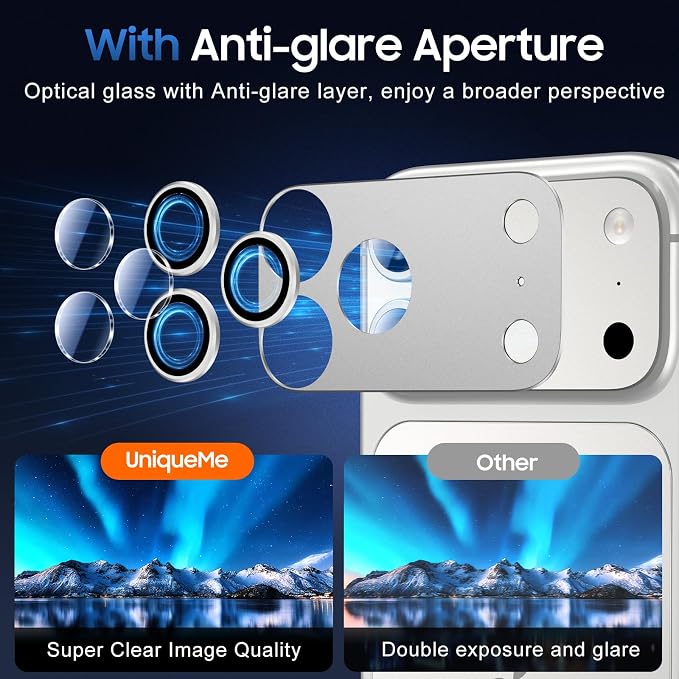 UniqueMe for 3 Pack iPhone 17 Pro Max Camera Lens Protector - All Silver | Drop Protection, Case Friendly, Acrylic Material, Camera Cover Screen, Update New Version - Image 4
