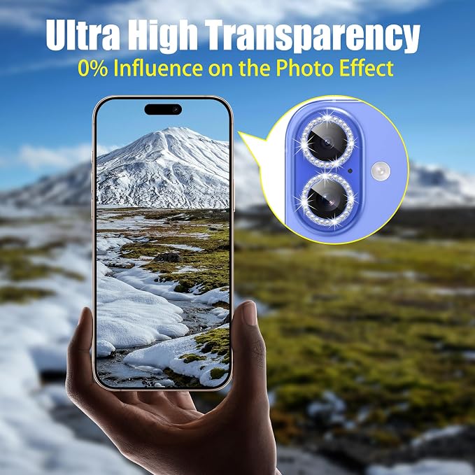 AGVEE 3+3 6 Pack for iPhone 16/16 Plus Camera Lens Protector Cover | Individual Bling Diamond & Bling Glitter Sparkle Cute Gem Metal Ring, 9H Tempered HD Glass - Image 6