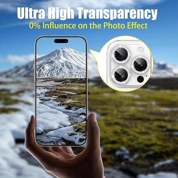 AGVEE 3+3 6 Pack for iPhone 16 Pro & Max Camera Lens Protector Cover | Individual Bling Diamond & Bling Glitter Sparkle Cute Gem Metal Ring, 9H Tempered HD Glass - Image 6