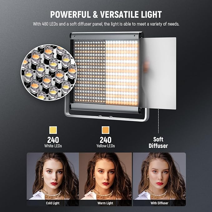 Neewer 2 Packs Dimmable Bi Color 480 LED Video Light Kit, 3200~5600K CRI 96+ LED Panel with U Bracket, 75 inches Tripod Light Stand for YouTube Recording Studio Photography Streaming Key Lighting - Image 3