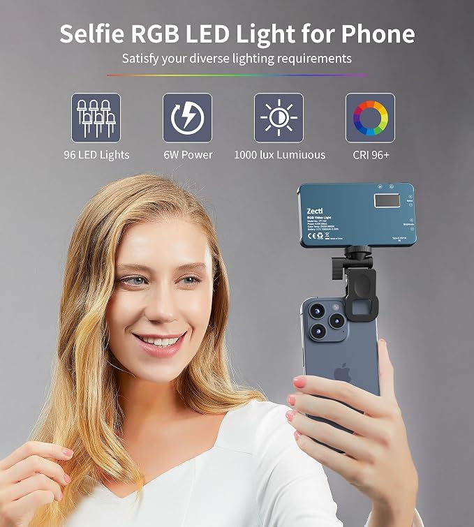Selfie Light, 96 LED Phone Light with Metal Hotshoe & Clip, Rechargeable 2500K-8000K 360° Full Color 21 Scenes RGB Video Light for Phones, iPhone, Laptops, Cameras, Vlog, TikTok, Gifts for Women & Mom | CRI 96+ 2500K-8000K Rechargeable Full Color 21 Sc... - Image 2