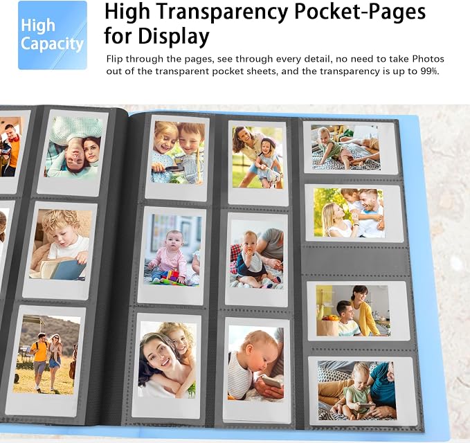 560-Pocket Photo Album for Instax Mini & Polaroid 2x3 Pictures, Blue | Large Capacity Photo Book, Elastic Band Closure, Safely Holds Your Unique Memories for Secure Storage and Easy Viewing - Image 2