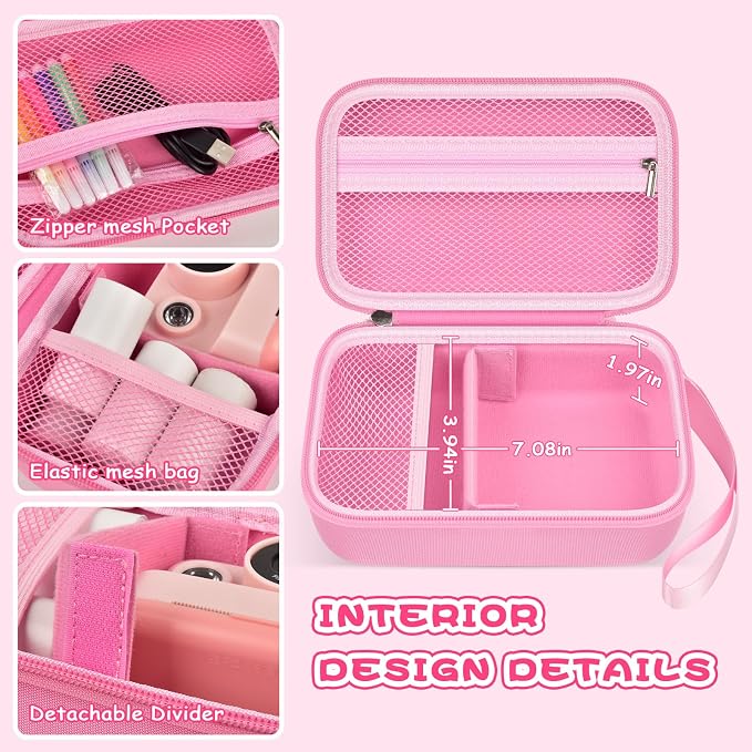 Boobowl Kids Instant Print Camera Case for Dylanto, for Gofunly Cameras | 3 Included Paper Rolls, Adjustable Divider, Mesh Pocket and Shoulder Strap for Kid Travel, Photo Storage, Box Only - Pink - Image 3