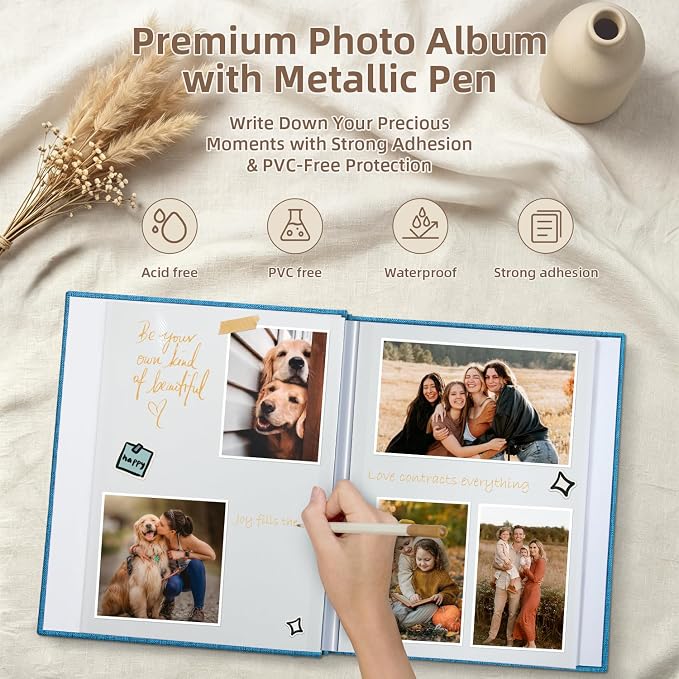 Popotop Photo Album Self Adhesive with Picture Display Window,60 Pages DIY Scrapbooking Supplies Kit for 4x6 8x10 Picture,Linen Cover Memory Book for Baby Wedding, with Scraper and Metallic Pen - Image 4