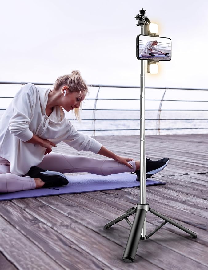 53'' Selfie Stick Tripod with Light, Extendable Selfie Stick with Remote, Portable Cell Phone Tripod Stand with All in 1 Phone Clip, Lightweight Camera Tripod Compatible with iPhone 17 16 15, Android - Image 8