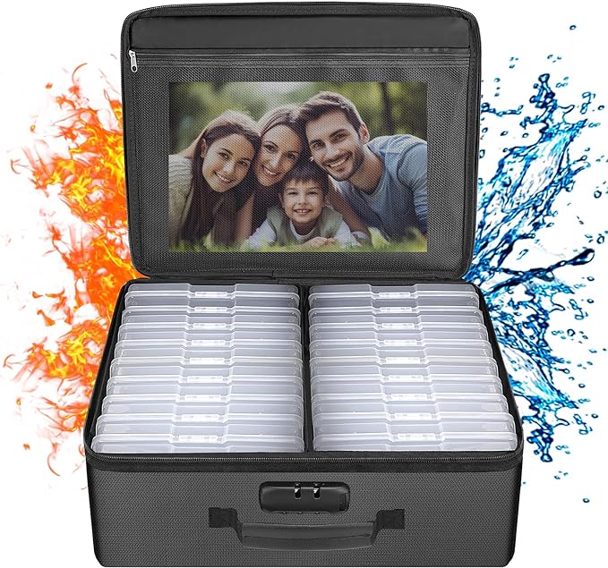 ENGPOW Photo Storage Box with 18 Inner 4" x 6" Photo Case(Clear), Fireproof Photo Organizer with Lock, Collapsible Portable Acid-Free Photo Keeper Craft Storage with Handles for Home, Office, travel by ENGPOW