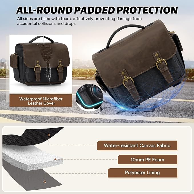 RAINSMORE Camera Bag, Vintage Canvas Camera Sling Bag Crossbody Camera Case | Water-resistant DSLR SLR Mirrorless Camera Bag for Photographer with Rain Cover & Tripod Holder for Sony Canon Nikon Fujifilm - Image 4