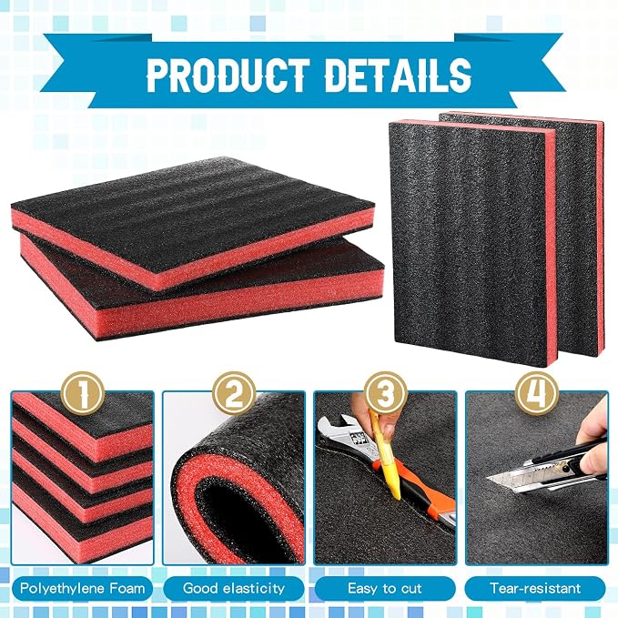 Outus 4 Pcs Cuttable Polyurethane Foam Pads Craft Foam Insert for Cases Packing Padding Camera Toolbox Storage(16 x 12 x 1.5 Inch, 16 x 12 x 2 Inch,Red, Black) - Image 3