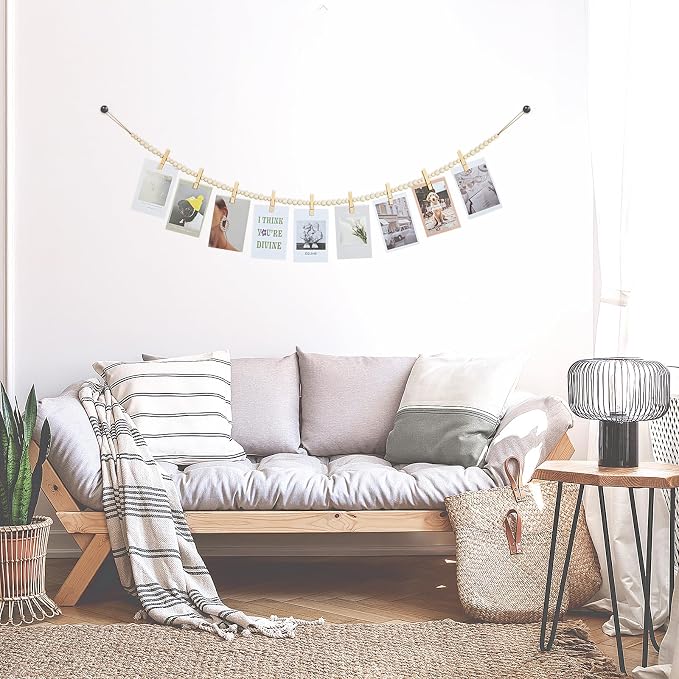 KLOGTSIND Hanging Photo Display, Boho Wood Bead Garland Wall Decor | Photo Banner with 9 Wooden Clips for Bedroom, Living Room, Office, Dorm Decor, Pictures Postcards Holder Teen Girl Gifts - Image 6