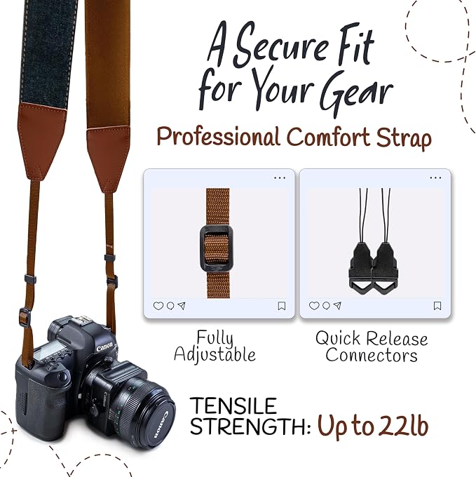 Camera Strap - Shoulder, Crossbody & Neck Camera Strap for Photographers, Fits All Cameras, Canon Nikon Sony Fujifilm, Padded Strap W/ Quick Release, Embroidered Cotton & Leather Ends, Blue Jeans - Image 4