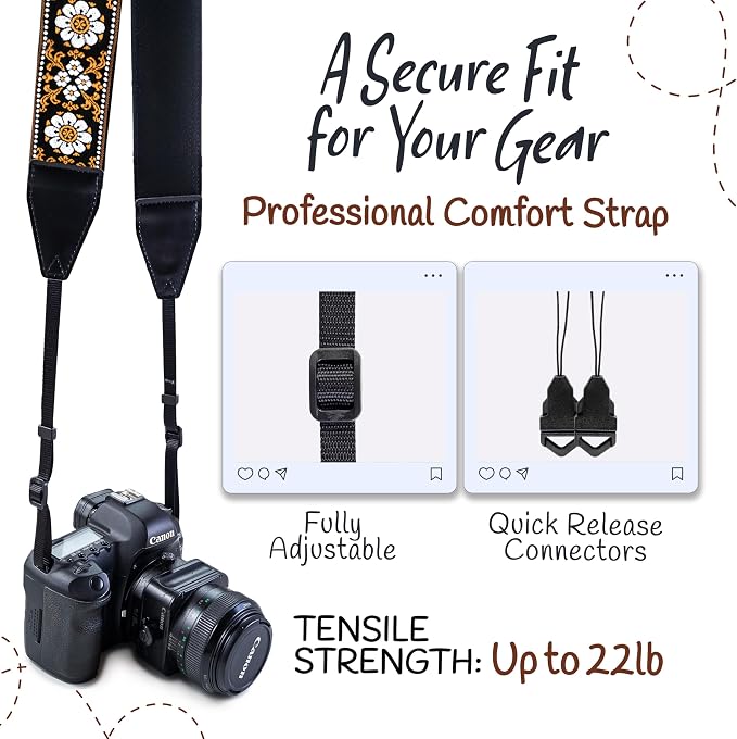 Art Tribute Camera Strap - Shoulder, Crossbody & Neck Camera Strap for Photographers, Fits All Cameras, Canon Nikon Sony Fujifilm, Padded Strap W/Quick Release, Embroidered Cotton & Leather Ends - Image 4