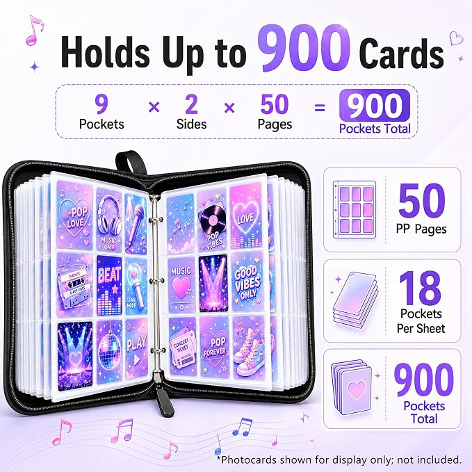 K-pop Photocard Binder, 900-Pocket STAY Cute Trading Card Album with 50 Double-Sided 9-Pocket PP Pages, Zipper PU Leather Card Holder with Wrist Strap for Photo Cards, Lomo Cards & Collectibles - Image 2