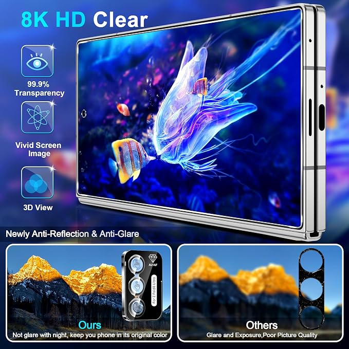 letosan 3 Pack for Samsung Galaxy Z Fold 8 Ultra Screen Protector Tempered Glass + 1 Pack Camera Lens Protector, Military Grade Shatterproof, 9H+ Hardness, Auto Alignment Frame 6.5 Inch - Image 3