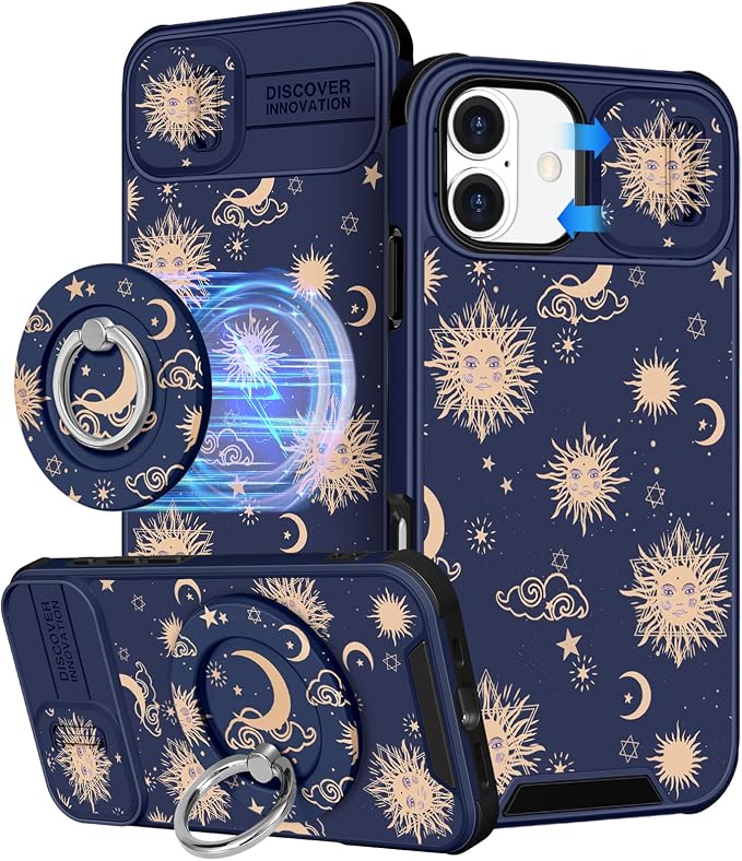 Buleens for iPhone 16 Plus Case 6.7 Inch - with Ring Stand & Camera Cover Aesthetic Cute Designed for Women Girls Girly Kawaii Sun Moon Stars Phone Case for iPhone 16 Plus Compatible with Magsafe by Buleens