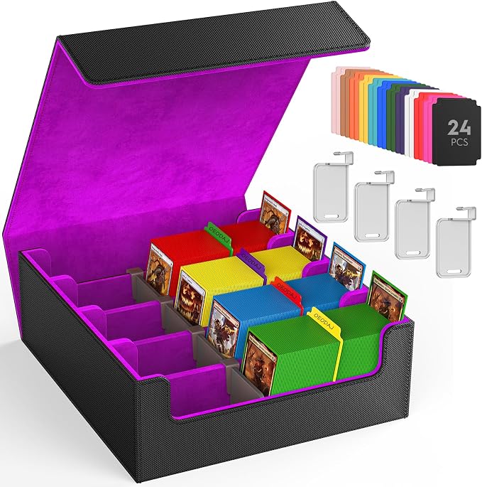 4 Row Trading Card Storage Box, 3200+ MTG Card Storage, Black & Purple | TCG Card Organizer Box with 24 Colorful Dividers and 4 Stands, Bulk PKM Storage, Deck Case Holder Fits for YuGiOh, Game Cards by OEODAJ