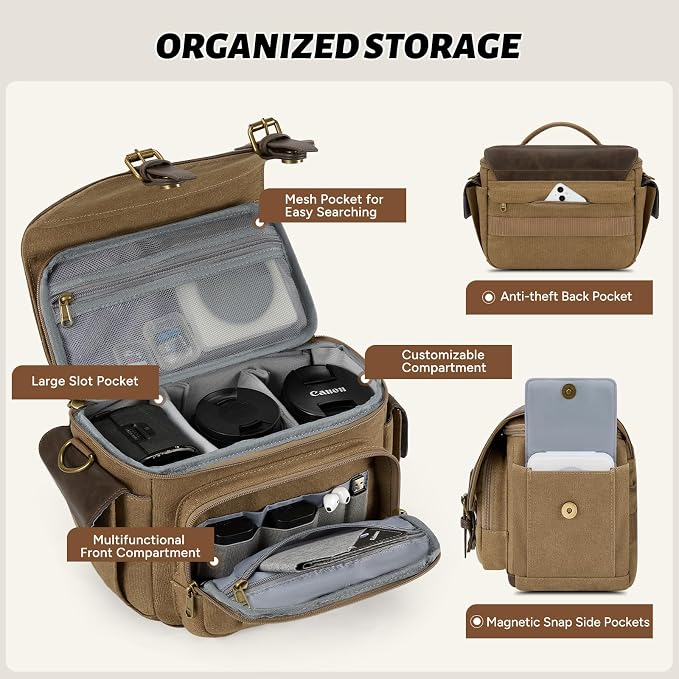 RAINSMORE Camera Bag, Vintage Canvas Camera Sling Bag Crossbody Camera Case | Water-resistant DSLR SLR Mirrorless Camera Bag for Photographer with Rain Cover & Tripod Holder for Sony Canon Nikon Fujifilm - Image 2