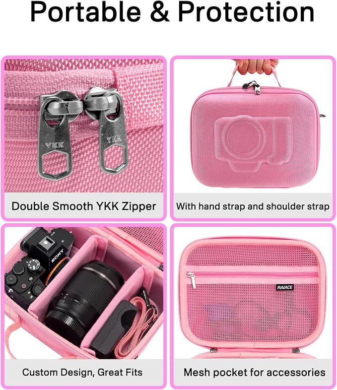 RAIACE Hard Case Compatible with Sony Alpha 7 II III IV/7R V Camera, for Nikon, for Canon, for Pentax and More. Mesh Pocket for Charger, Cables, Cards and Accessories. (case only) - Pink - Image 3