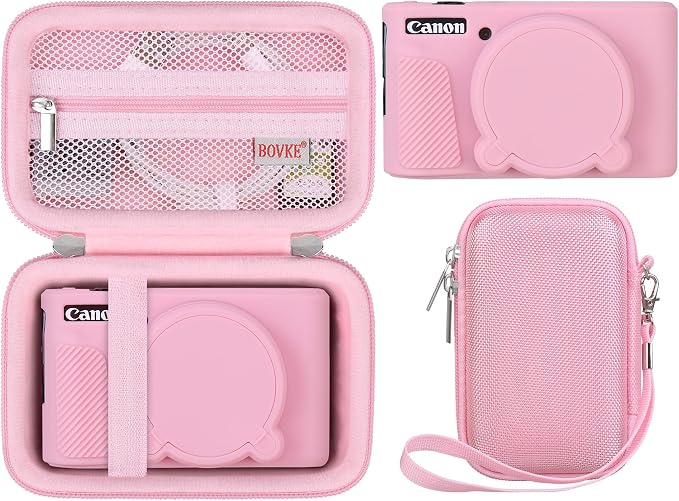 BOVKE Hard Case + Silicone Cover for Canon PowerShot SX740 HS Camera, Pink | SX740 SX730 Digital Camera Shockproof EVA Storage Bag & Soft Silicone Protective Case with Removable Lens Cover, Wrist Strap by BOVKE