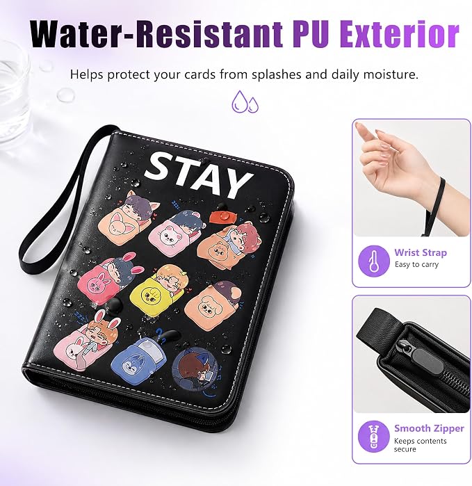 Kpop Photocard Binder, 400-Pocket STAY Cute Trading Card Album with 50 Double-Sided 4-Pocket PP Pages, Zipper PU Leather Card Holder for Photo Cards, Lomo Cards & Collectibles (Dark, 4 Pockets) - Image 6