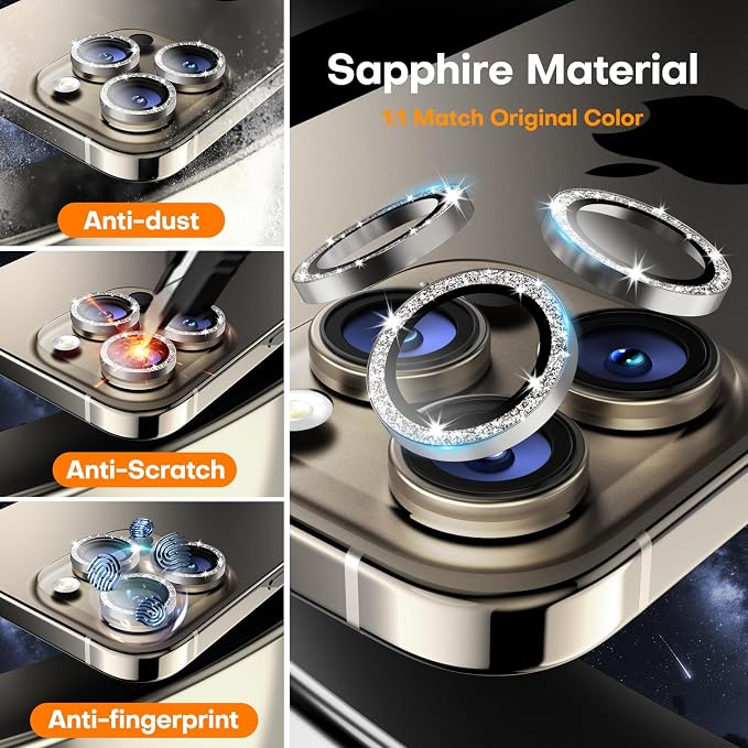 Camera Lens Protector for iPhone 16 Pro Max/16 Pro- Glitter Natural | 9H Tempered Glass, Metal Individual Camera Cover, Accessories, Anti-drop, Case Friendly, HD Clear, Anti-Scratch - Image 3