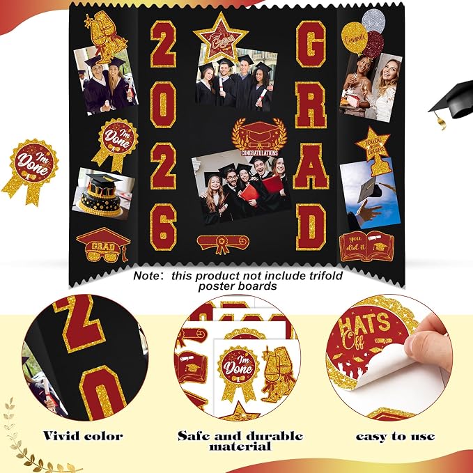 Glenmal Red Gold Graduation Photo Display Board Sticker Class of 2026 Picture Display Stickers Accessories for 2026 Grad Party College Board Photo Frame Decor (12x9inch,3.9x4.7inch) - Image 3