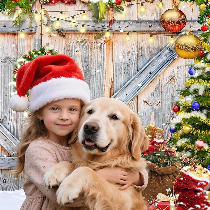 Christmas Photo Backdrop for Photography, 8x6ft | Vinyl Merry Xmas Wall Background for Photoshoot, Red Gift Snow Tree, Rustic Barn Wood Door, for Outdoor, Party Decorations - Image 4