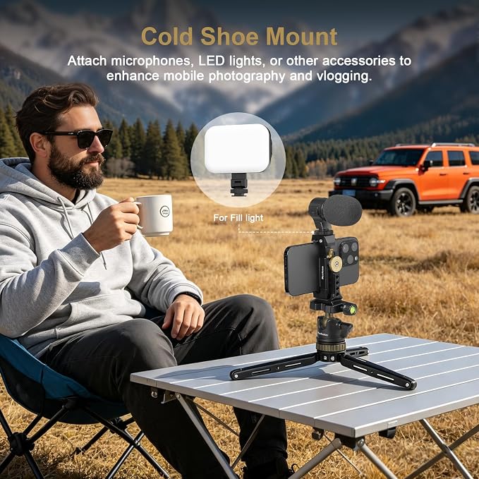 Minifocus Metal Phone Tripod Mount | 1/4" Threads with Cold Shoe|360° Rotatable Phone Clamp|Compatible with sellphone for Selfie Stick|Tripod|Streaming - Image 5
