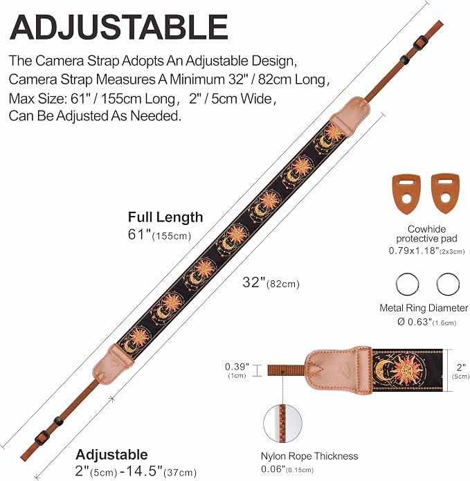 Padwa Lifestyle Helios Moon God Camera Strap -2" Double Layer Cowhide Ends Camera Straps for Photographers, Vintage Embroidered Cotton Weave Soft Padded Strap Adjustable fits All Cameras - Image 6