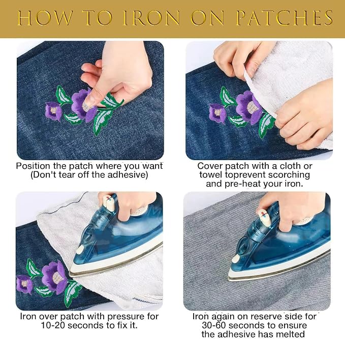 5 Pairs Floral Iron on Applique Flower with Green Vine Embroidered Patch for Collar Dress Accent Shoes Jeans Sewing Accessories Embellishment (Red) - Image 5