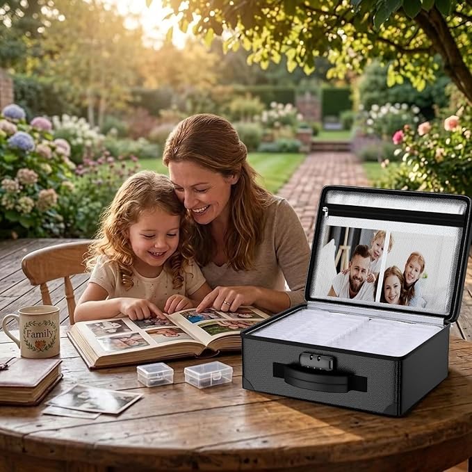 ENGPOW Fireproof 5200°F Photo Storage Box with 16 Inner 4" x 6" Photo Case(Clear), Photo Organizer with Lock, Portable Acid-Free Photo Keeper Safe Storage with Handles for Home, Office, Travel - Image 8