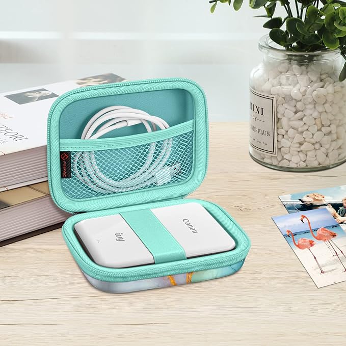 FINTIE Protective Case for Canon Ivy 2 Mini, CLIQ2 & CLIQ+2 Photo Printer | Shockproof Hard Shell Carrying Case, With Wrist Strap, Pocket Camera Storage, Charger Cable Organizer, Emerald Marble - Image 6
