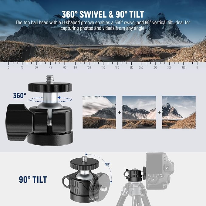NEEWER Basics Mini Ball Head, Portable Tripod Head Camera Mount Adapter | 1/4" Screw, for Compact DSLR, Action Cam, Phone, LED Ring Light Monopod, Slider, 4.4lb Max Load, 360° Swivel, 90° Tilt, GM01 - Image 2