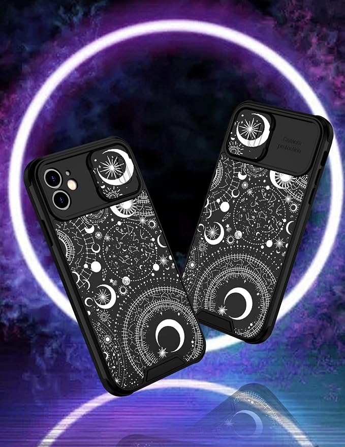 (2in1 for iPhone 11 Case Moon Stars for Women Cute Phone Cover Fashion Starry Planet Print Pattern Design with Slide Camera Cover Protective Case for iPhone 11 6.1'' - Image 4