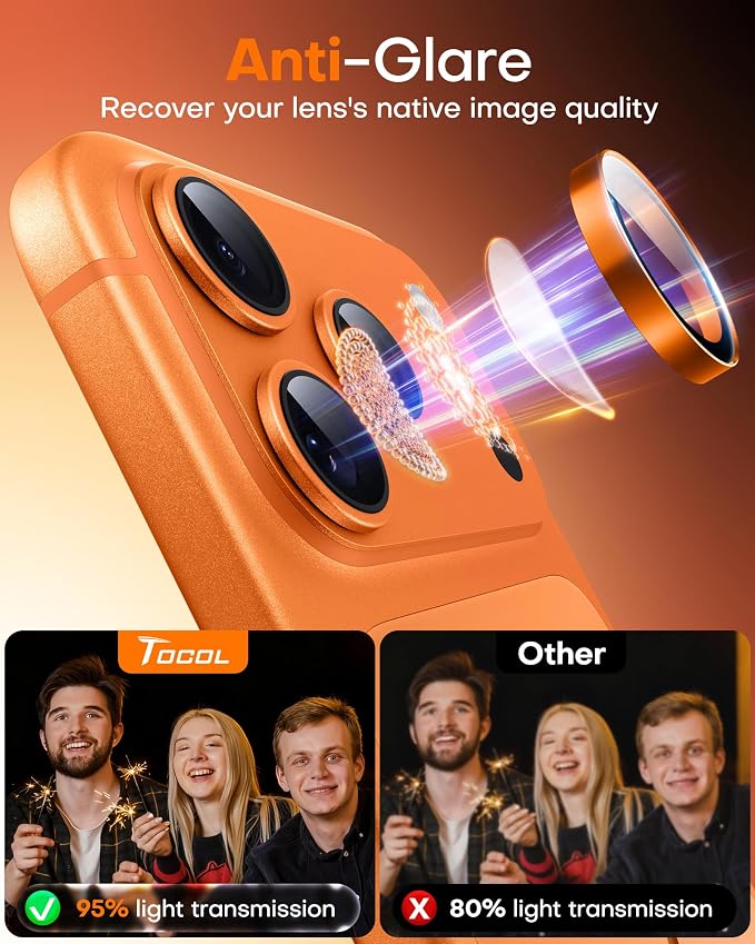 TOCOL Camera Lens Protector for iPhone 17 Pro Max/iPhone 17 Pro Tempered Glass HD Individual Scratch Resistant Camera Cover Accessories Case Friendly 2 Pack（Orange） - Image 6