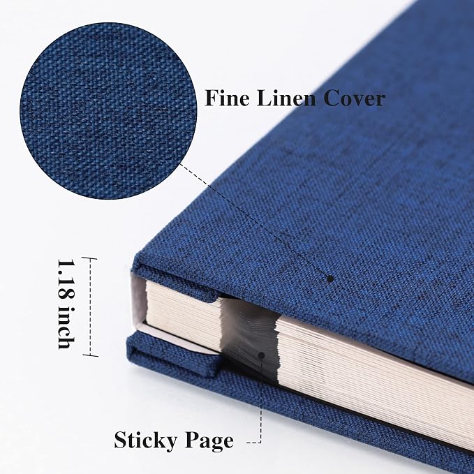 Vienrose Large Self Adhesive Photo Album with Window 13x12.6 60 Pages Blue | Linen Cover, Scrapbook, Fits 4X6 8X10 10X12 Pictures, Metallic Pen, Diy - Image 3