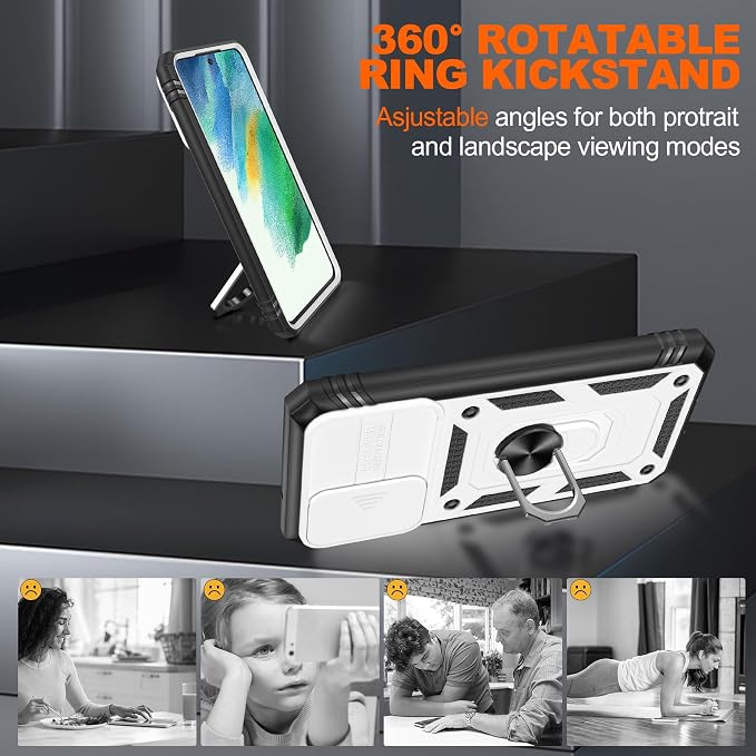 Gritup for Samsung Galaxy S21 FE 5G Case with 2PCS Screen Protector, Build in 360° Rotating Ring Kickstand, Military Grade Protective Case for S21 FE Phone, White+Black - Image 8