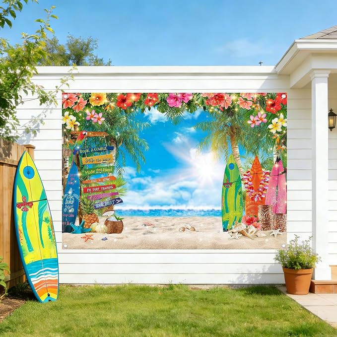 7x5ft Summer Hawaiian Beach Photography Tropical Luau Backdrop | Flower Palm Leaves Background, Aloha Party Supplies, Surfboard Banner, Holiday Photo Booth, Polyester, Grommets, 1PC - Image 2