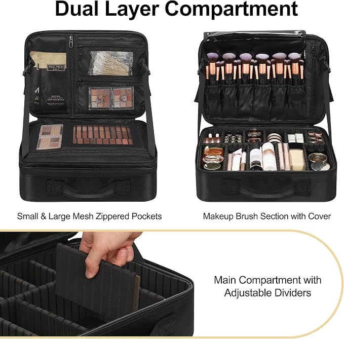 Relavel Travel Makeup Train Case Cosmetic Case Organizer Portable Artist Storage Bag with Adjustable Dividers for Cosmetics Makeup Brushes Toiletry Jewelry Digital Accessories - Image 4
