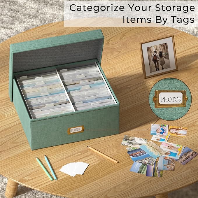 Decorative Photo Storage Box, 2 Pack Linen Photo Box Hold 1700 4x6 Pictures | Photo Storage Containers with 8 Dividers, Memory Keepsake Organizer for Photos, Scrapbook Supplies, Cards, Stamps, Green - Image 7